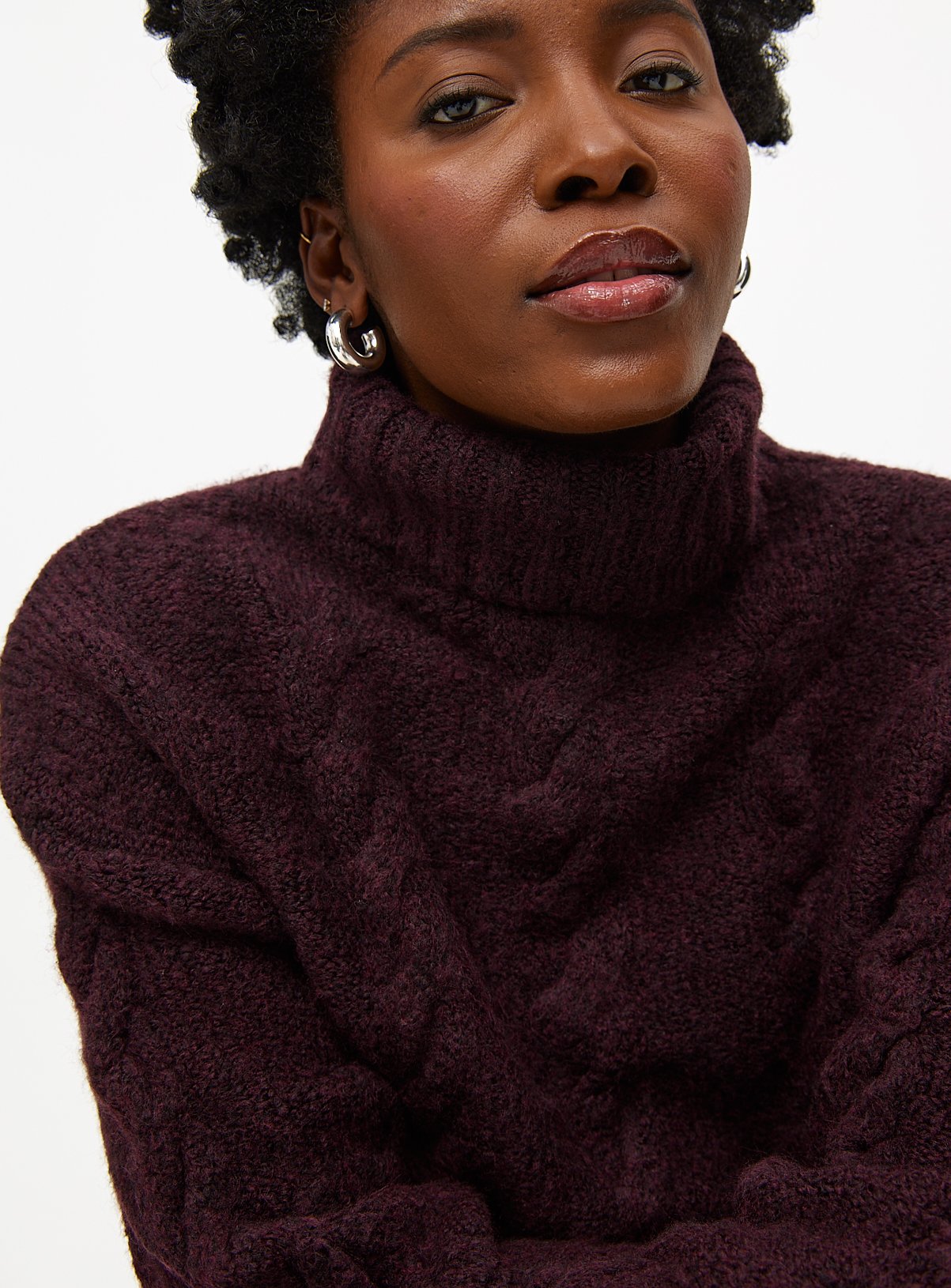 Burgundy Cable Knit Roll Neck Jumper S - Image 2 thumbnail